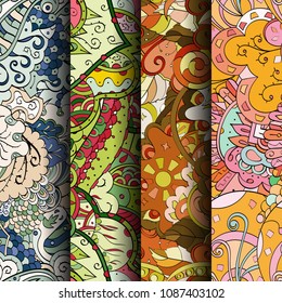 Set of tracery colorful seamless patterns. Vertical stripes. Curved doodling backgrounds for textile or printing with mehndi and ethnic motives. Vector