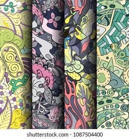 Set of tracery colorful seamless patterns. Vertical stripes. Curved doodling backgrounds for textile or printing with mehndi and ethnic motives. Vector