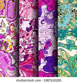 Set of tracery colorful seamless patterns. Vertical stripes. Curved doodling backgrounds for textile or printing with mehndi and ethnic motives. Vector