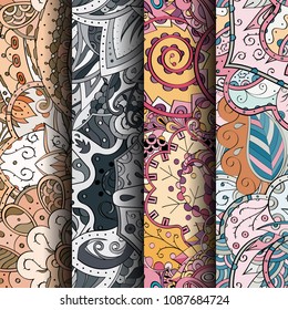 Set of tracery colorful seamless patterns. Vertical stripes. Curved doodling backgrounds for textile or printing with mehndi and ethnic motives. Vector