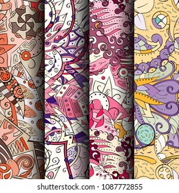 Set of tracery colorful seamless patterns. Vertical stripes. Curved doodling backgrounds for textile or printing with mehndi and ethnic motives. Vector