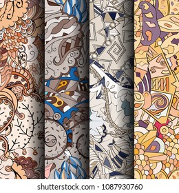 Set of tracery colorful seamless patterns. Vertical stripes. Curved doodling backgrounds for textile or printing with mehndi and ethnic motives. Vector