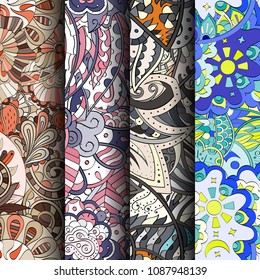 Set of tracery colorful seamless patterns. Vertical stripes. Curved doodling backgrounds for textile or printing with mehndi and ethnic motives. Vector
