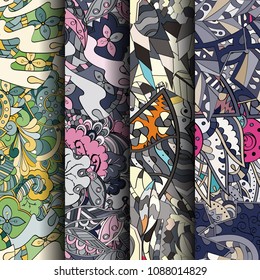 Set of tracery colorful seamless patterns. Vertical stripes. Curved doodling backgrounds for textile or printing with mehndi and ethnic motives. Vector