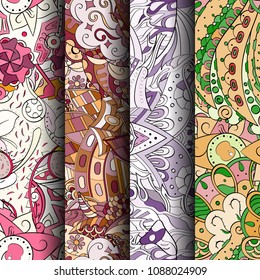 Set of tracery colorful seamless patterns. Vertical stripes. Curved doodling backgrounds for textile or printing with mehndi and ethnic motives. Vector