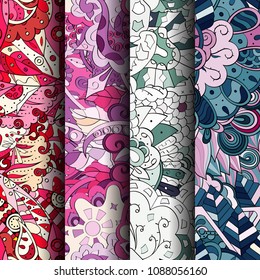 Set of tracery colorful seamless patterns. Vertical stripes. Curved doodling backgrounds for textile or printing with mehndi and ethnic motives. Vector