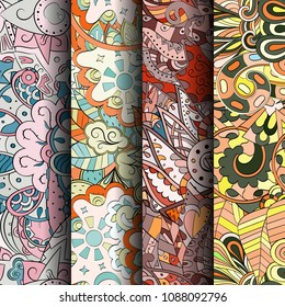 Set of tracery colorful seamless patterns. Vertical stripes. Curved doodling backgrounds for textile or printing with mehndi and ethnic motives. Vector