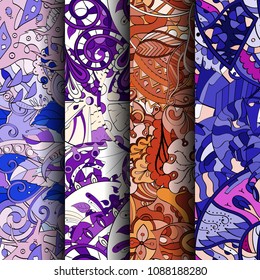 Set of tracery colorful seamless patterns. Vertical stripes. Curved doodling backgrounds for textile or printing with mehndi and ethnic motives. Vector