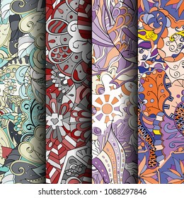 Set of tracery colorful seamless patterns. Vertical stripes. Curved doodling backgrounds for textile or printing with mehndi and ethnic motives. Vector