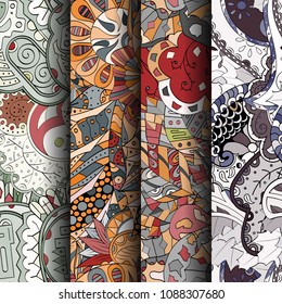 Set of tracery colorful seamless patterns. Vertical stripes. Curved doodling backgrounds for textile or printing with mehndi and ethnic motives. Vector