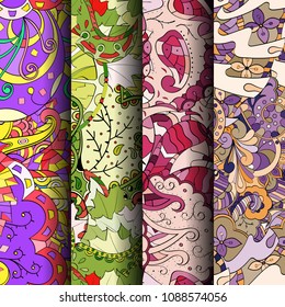 Set of tracery colorful seamless patterns. Vertical stripes. Curved doodling backgrounds for textile or printing with mehndi and ethnic motives. Vector