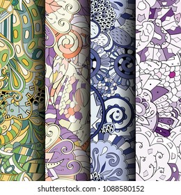 Set of tracery colorful seamless patterns. Vertical stripes. Curved doodling backgrounds for textile or printing with mehndi and ethnic motives. Vector