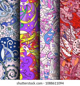 Set of tracery colorful seamless patterns. Vertical stripes. Curved doodling backgrounds for textile or printing with mehndi and ethnic motives. Vector