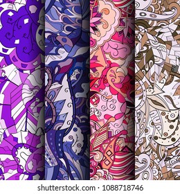 Set of tracery colorful seamless patterns. Vertical stripes. Curved doodling backgrounds for textile or printing with mehndi and ethnic motives. Vector