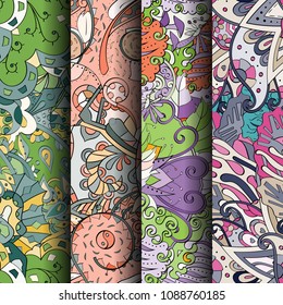 Set of tracery colorful seamless patterns. Vertical stripes. Curved doodling backgrounds for textile or printing with mehndi and ethnic motives. Vector