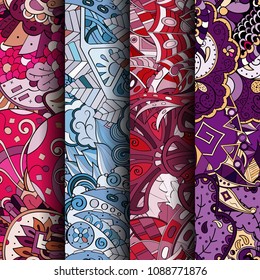 Set of tracery colorful seamless patterns. Vertical stripes. Curved doodling backgrounds for textile or printing with mehndi and ethnic motives. Vector
