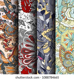 Set of tracery colorful seamless patterns. Vertical stripes. Curved doodling backgrounds for textile or printing with mehndi and ethnic motives. Vector