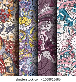 Set of tracery colorful seamless patterns. Vertical stripes. Curved doodling backgrounds for textile or printing with mehndi and ethnic motives. Vector