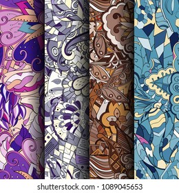 Set of tracery colorful seamless patterns. Vertical stripes. Curved doodling backgrounds for textile or printing with mehndi and ethnic motives. Vector