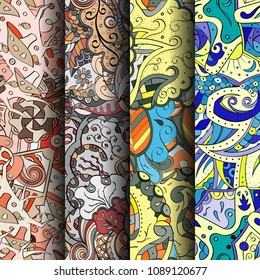 Set of tracery colorful seamless patterns. Vertical stripes. Curved doodling backgrounds for textile or printing with mehndi and ethnic motives. Vector