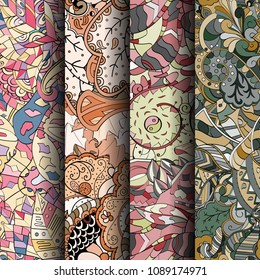 Set of tracery colorful seamless patterns. Vertical stripes. Curved doodling backgrounds for textile or printing with mehndi and ethnic motives. Vector