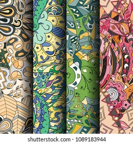 Set of tracery colorful seamless patterns. Vertical stripes. Curved doodling backgrounds for textile or printing with mehndi and ethnic motives. Vector