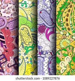 Set of tracery colorful seamless patterns. Vertical stripes. Curved doodling backgrounds for textile or printing with mehndi and ethnic motives. Vector