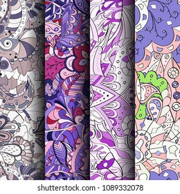 Set of tracery colorful seamless patterns. Vertical stripes. Curved doodling backgrounds for textile or printing with mehndi and ethnic motives. Vector
