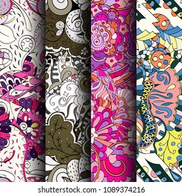 Set of tracery colorful seamless patterns. Vertical stripes. Curved doodling backgrounds for textile or printing with mehndi and ethnic motives. Vector