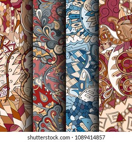 Set of tracery colorful seamless patterns. Vertical stripes. Curved doodling backgrounds for textile or printing with mehndi and ethnic motives. Vector