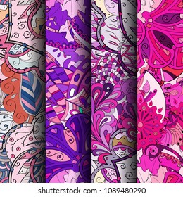 Set of tracery colorful seamless patterns. Vertical stripes. Curved doodling backgrounds for textile or printing with mehndi and ethnic motives. Vector