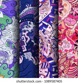 Set of tracery colorful seamless patterns. Vertical stripes. Curved doodling backgrounds for textile or printing with mehndi and ethnic motives. Vector