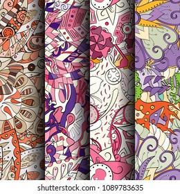 Set of tracery colorful seamless patterns. Vertical stripes. Curved doodling backgrounds for textile or printing with mehndi and ethnic motives. Vector