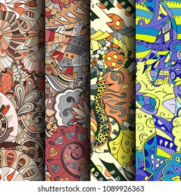 Set of tracery colorful seamless patterns. Vertical stripes. Curved doodling backgrounds for textile or printing with mehndi and ethnic motives. Vector