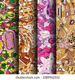 Set of tracery colorful seamless patterns. Vertical stripes. Curved doodling backgrounds for textile or printing with mehndi and ethnic motives. Vector