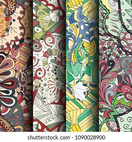 Set of tracery colorful seamless patterns. Vertical stripes. Curved doodling backgrounds for textile or printing with mehndi and ethnic motives. Vector