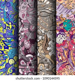 Set of tracery colorful seamless patterns. Vertical stripes. Curved doodling backgrounds for textile or printing with mehndi and ethnic motives. Vector