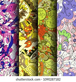 Set of tracery colorful seamless patterns. Vertical stripes. Curved doodling backgrounds for textile or printing with mehndi and ethnic motives. Vector