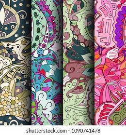Set of tracery colorful seamless patterns. Vertical stripes. Curved doodling backgrounds for textile or printing with mehndi and ethnic motives. Vector
