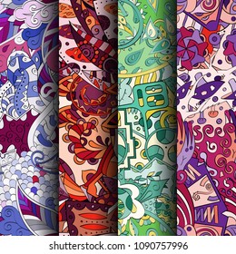 Set of tracery colorful seamless patterns. Vertical stripes. Curved doodling backgrounds for textile or printing with mehndi and ethnic motives. Vector