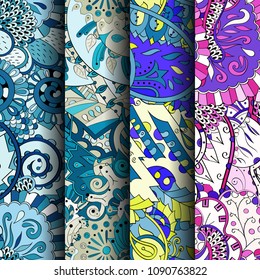 Set of tracery colorful seamless patterns. Vertical stripes. Curved doodling backgrounds for textile or printing with mehndi and ethnic motives. Vector