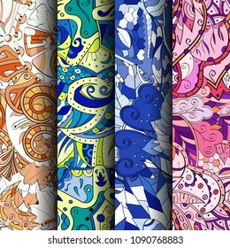 Set of tracery colorful seamless patterns. Vertical stripes. Curved doodling backgrounds for textile or printing with mehndi and ethnic motives. Vector