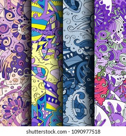 Set of tracery colorful seamless patterns. Vertical stripes. Curved doodling backgrounds for textile or printing with mehndi and ethnic motives. Vector