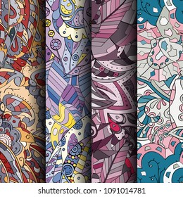 Set of tracery colorful seamless patterns. Vertical stripes. Curved doodling backgrounds for textile or printing with mehndi and ethnic motives. Vector