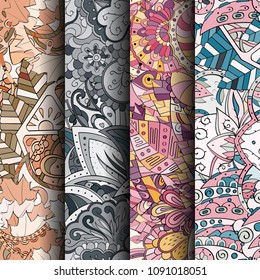 Set of tracery colorful seamless patterns. Vertical stripes. Curved doodling backgrounds for textile or printing with mehndi and ethnic motives. Vector
