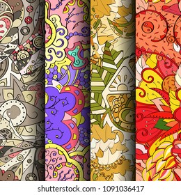 Set of tracery colorful seamless patterns. Vertical stripes. Curved doodling backgrounds for textile or printing with mehndi and ethnic motives. Vector