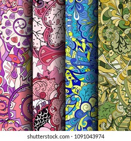 Set of tracery colorful seamless patterns. Vertical stripes. Curved doodling backgrounds for textile or printing with mehndi and ethnic motives. Vector