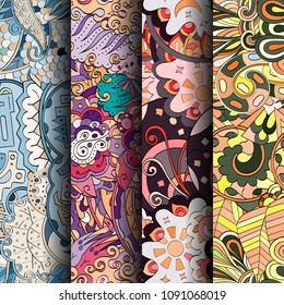 Set of tracery colorful seamless patterns. Vertical stripes. Curved doodling backgrounds for textile or printing with mehndi and ethnic motives. Vector