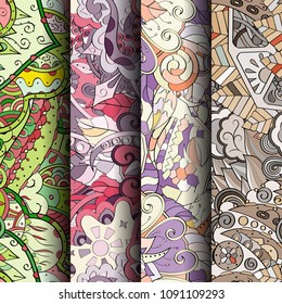 Set of tracery colorful seamless patterns. Vertical stripes. Curved doodling backgrounds for textile or printing with mehndi and ethnic motives. Vector