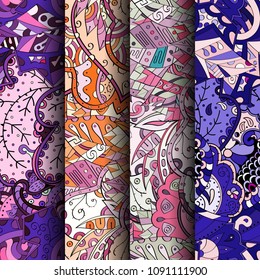 Set of tracery colorful seamless patterns. Vertical stripes. Curved doodling backgrounds for textile or printing with mehndi and ethnic motives. Vector